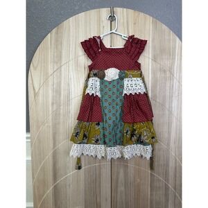 Mustard Pie Girls Patchwork‎ Tiered Dress Ruffles Floral Applique Size 5